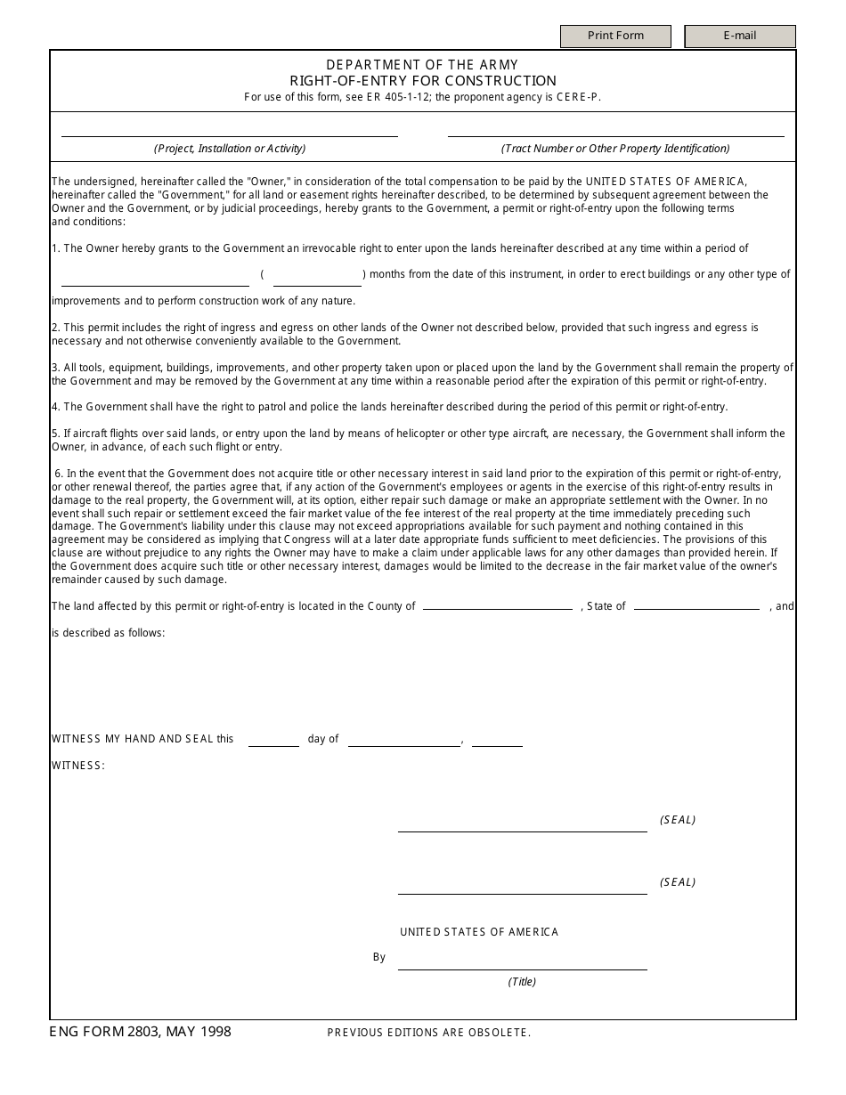 ENG Form 2803 Right-Of-Entry for Construction, Page 1