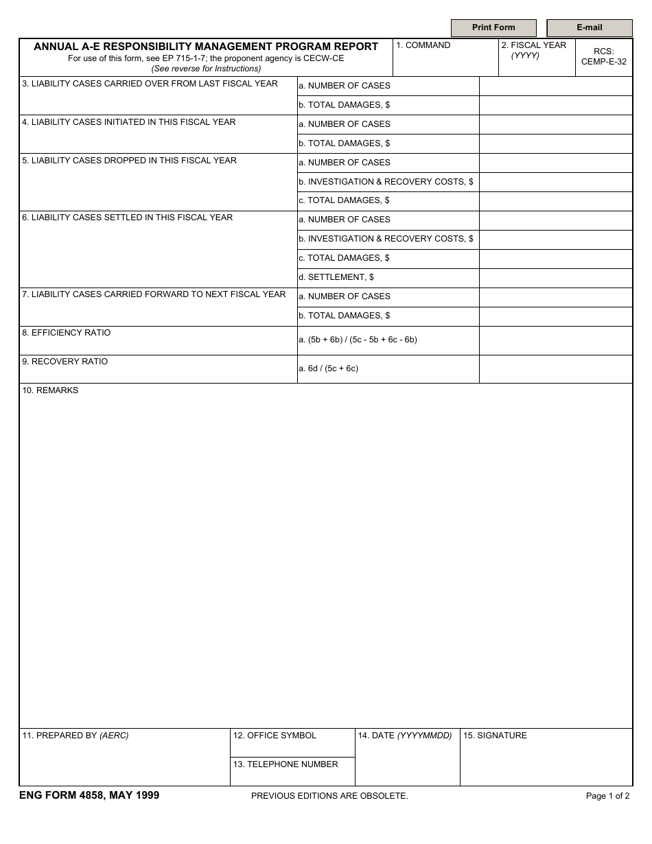 ENG Form 4858 Annual a-E Responsibility Management Program Report, Page 1