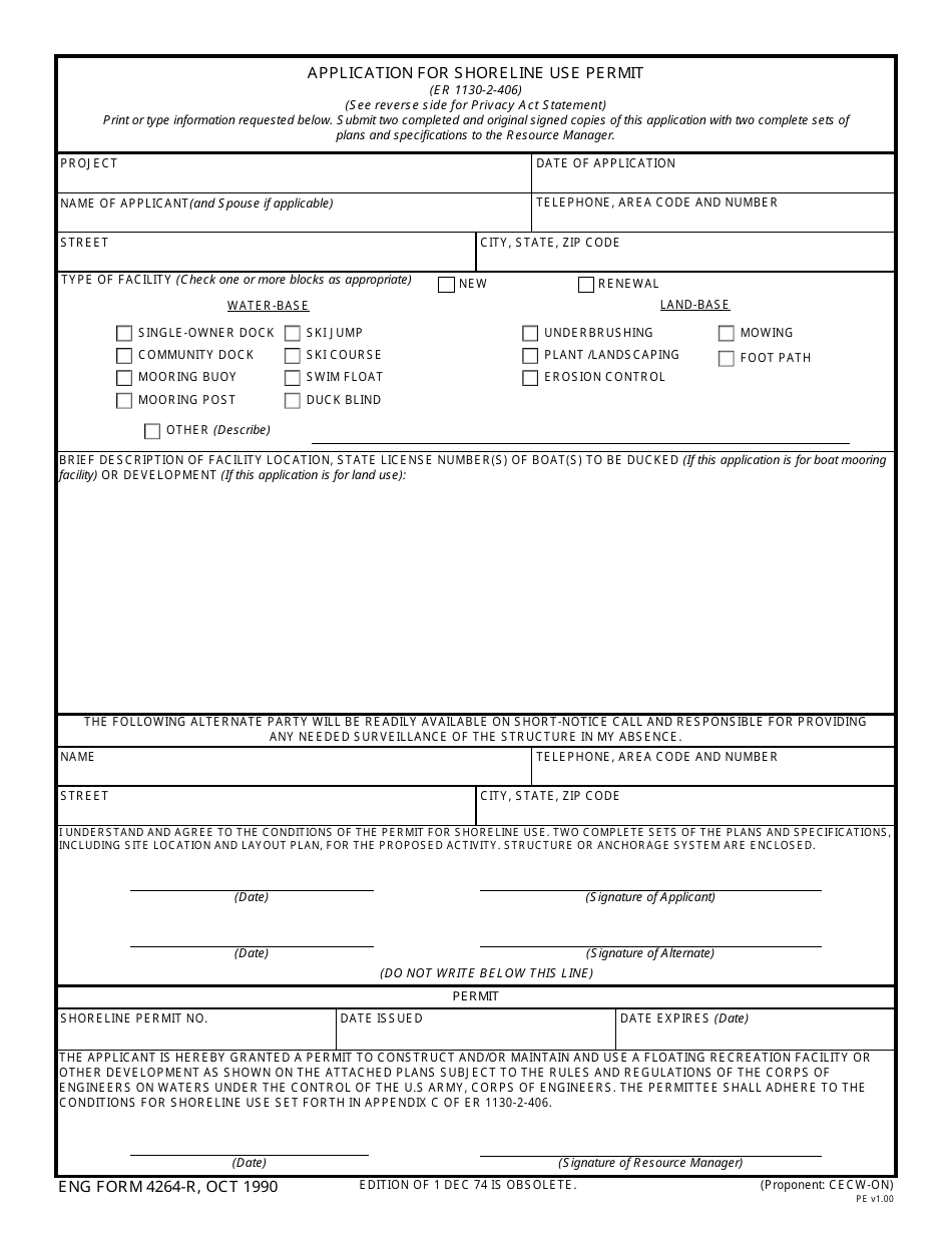 ENG Form 4264 Application for Shoreline Use Permit, Page 1