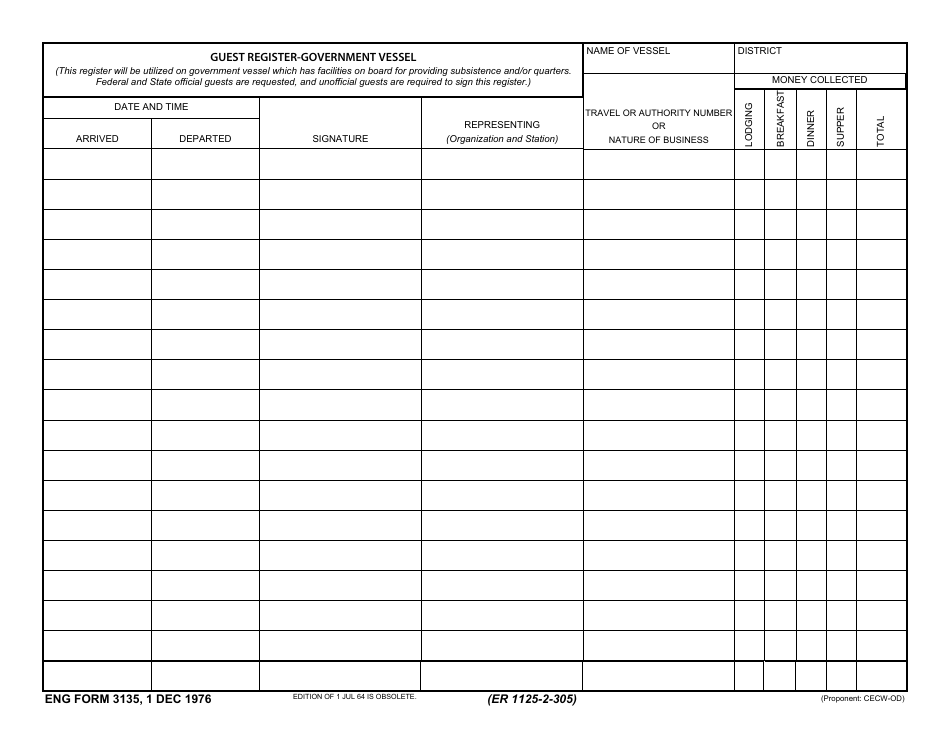 ENG Form 3135 Guest Register-Government Vessel, Page 1