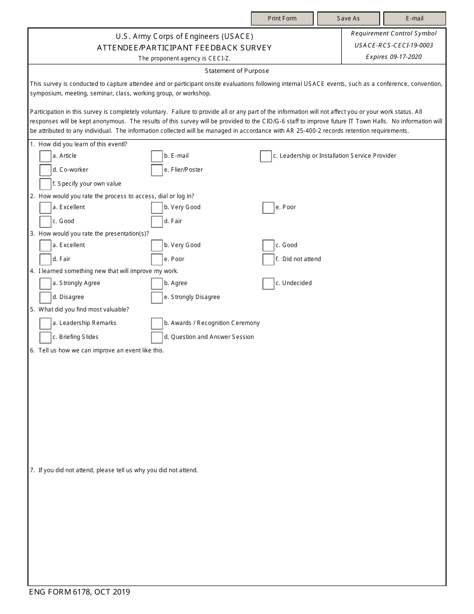ENG Form 6178 Attendee / Participant Feedback Survey, Page 1