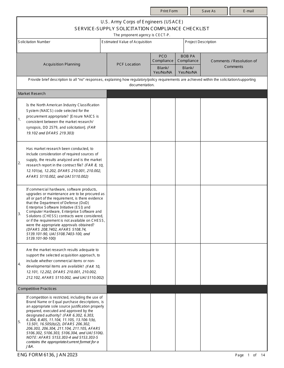 ENG Form 6136 Service-Supply Solicitation Compliance Checklist, Page 1