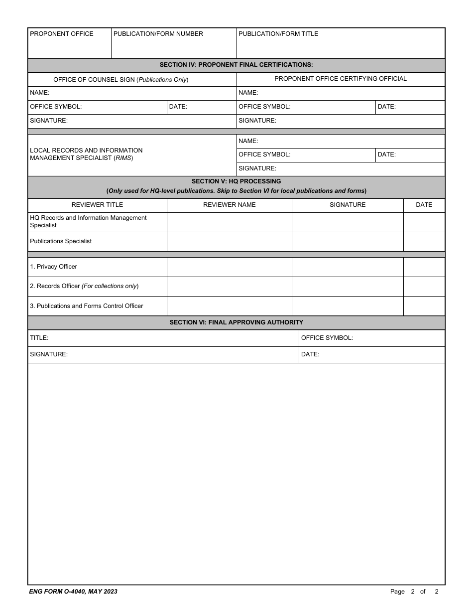 ENG Form O-4040 Publications and Forms Processing Request, Page 2