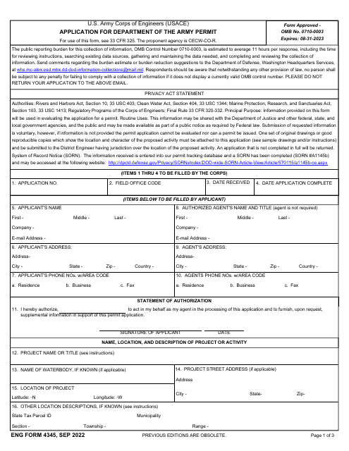 ENG Form 4345 Application for Department of the Army Permit