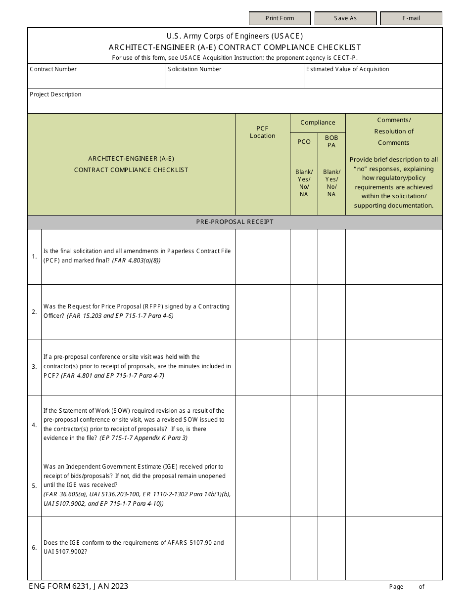 ENG Form 6231 Architect-Engineer (A-E) Contract Compliance Checklist, Page 1