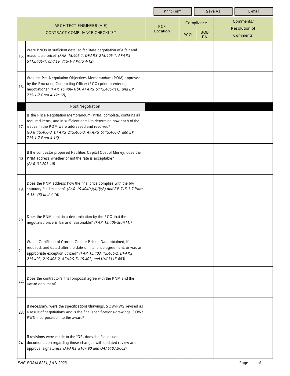 ENG Form 6231 Architect-Engineer (A-E) Contract Compliance Checklist, Page 3
