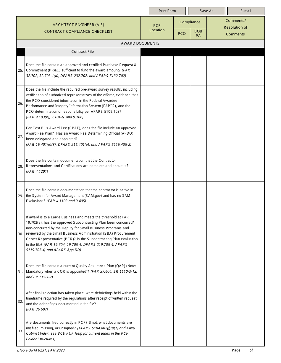 ENG Form 6231 Architect-Engineer (A-E) Contract Compliance Checklist, Page 4