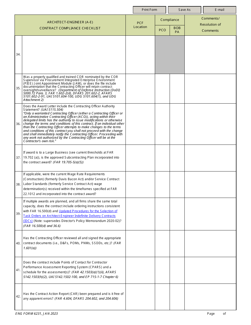 ENG Form 6231 Architect-Engineer (A-E) Contract Compliance Checklist, Page 5