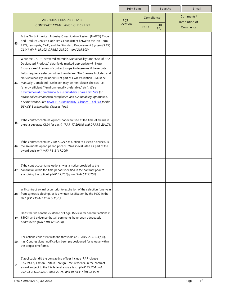 ENG Form 6231 Architect-Engineer (A-E) Contract Compliance Checklist, Page 6