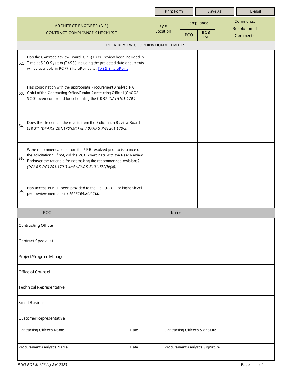 ENG Form 6231 Architect-Engineer (A-E) Contract Compliance Checklist, Page 7