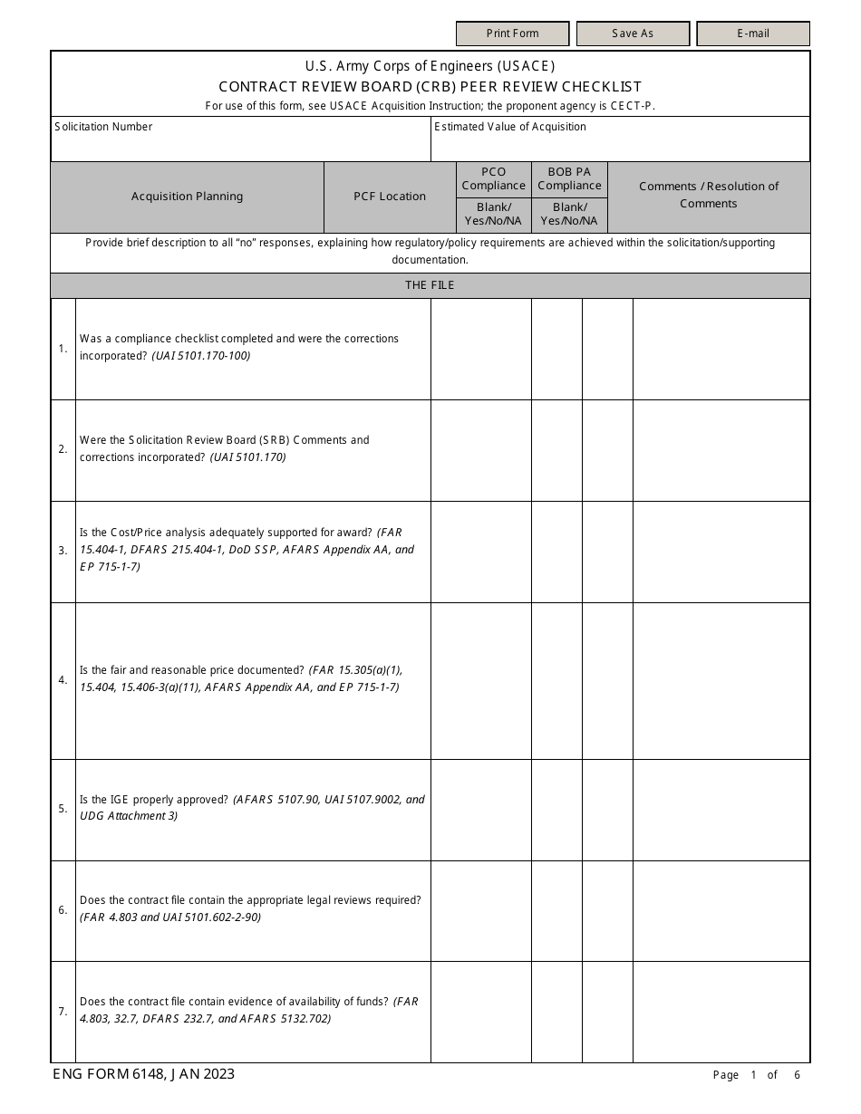 ENG Form 6148 Contract Review Board (Crb) Peer Review Checklist, Page 1
