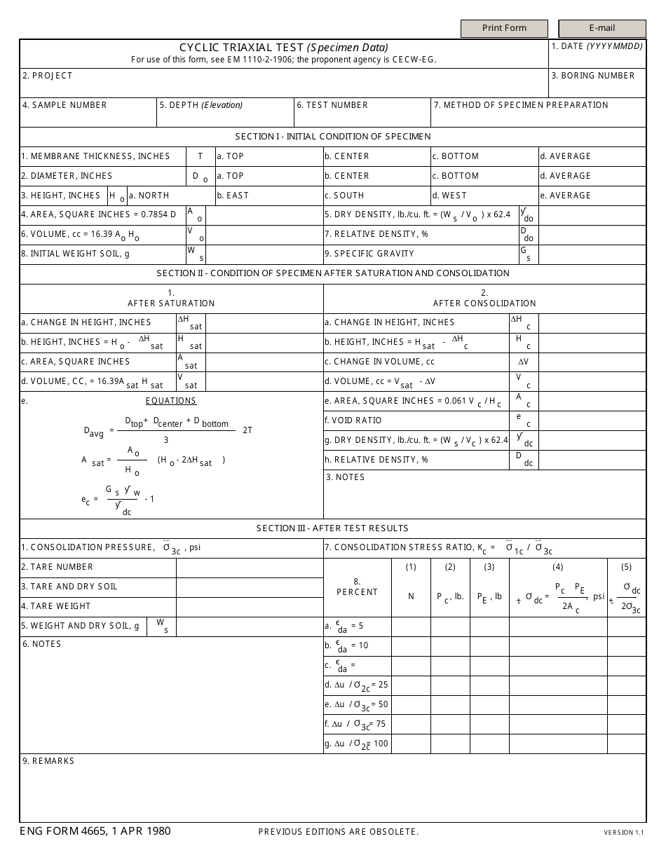 ENG Form 4665 Cyclic Triaxial Test (Specimen Data), Page 1