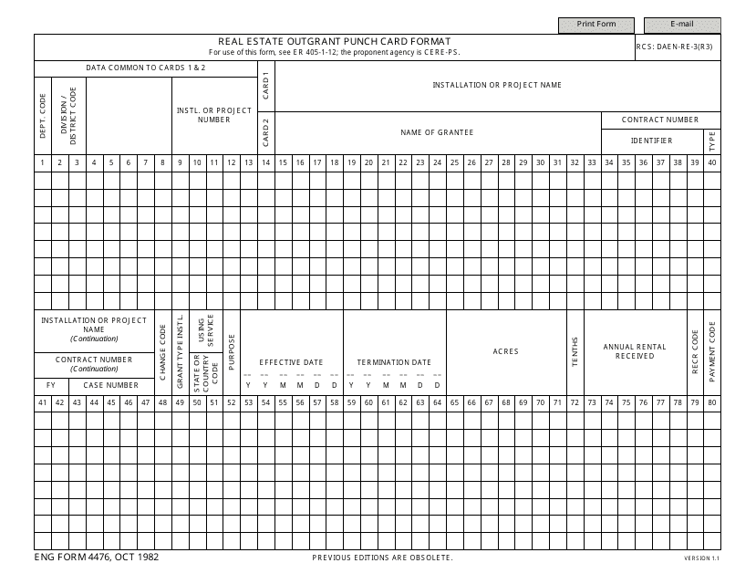 ENG Form 4476 Real Estate Outgrant Punch Card Format