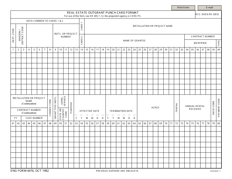 ENG Form 4476 Real Estate Outgrant Punch Card Format, Page 1