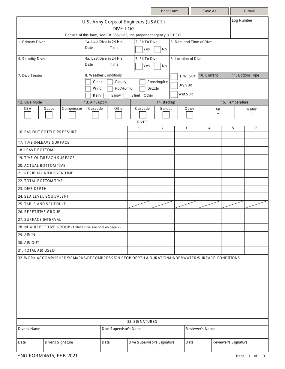 ENG Form 4615 Dive Log, Page 1