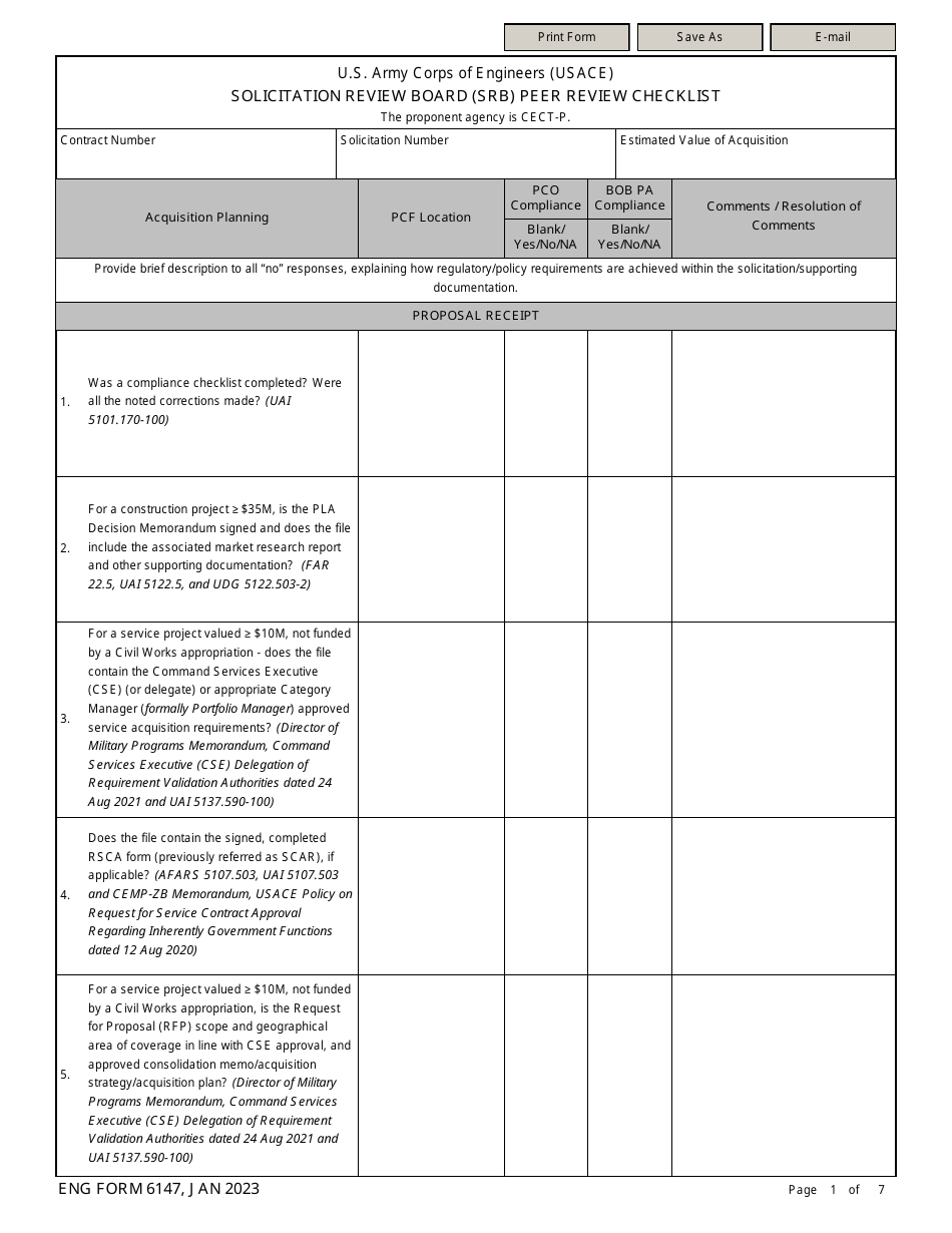 ENG Form 6147 Solicitation Review Board (Srb) Peer Review Checklist, Page 1