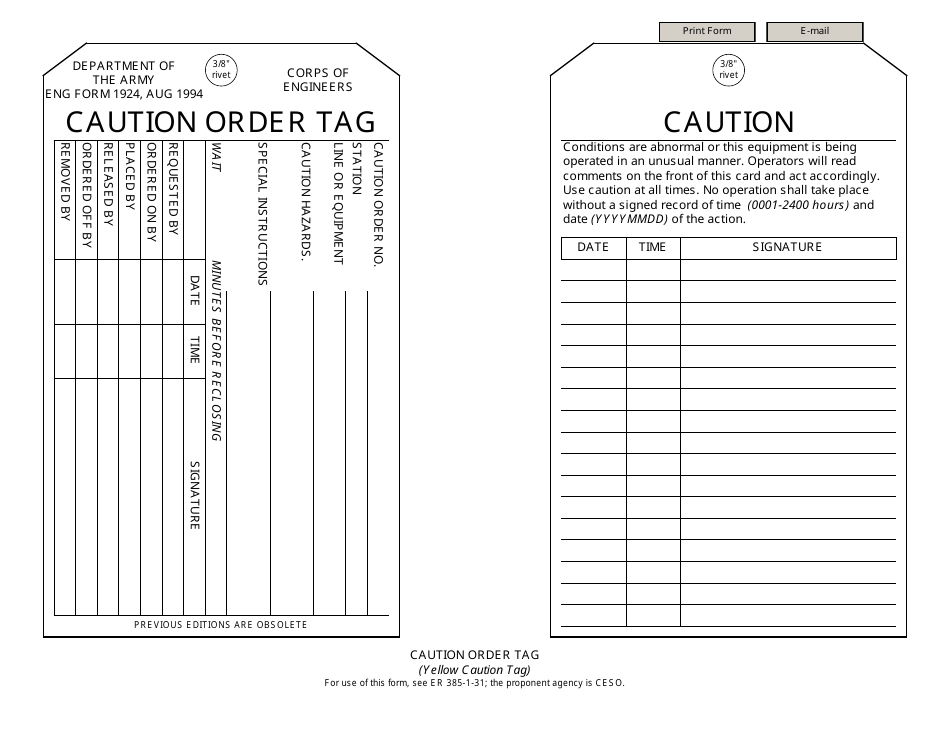 ENG Form 1924 Yellow Caution Tag, Page 1