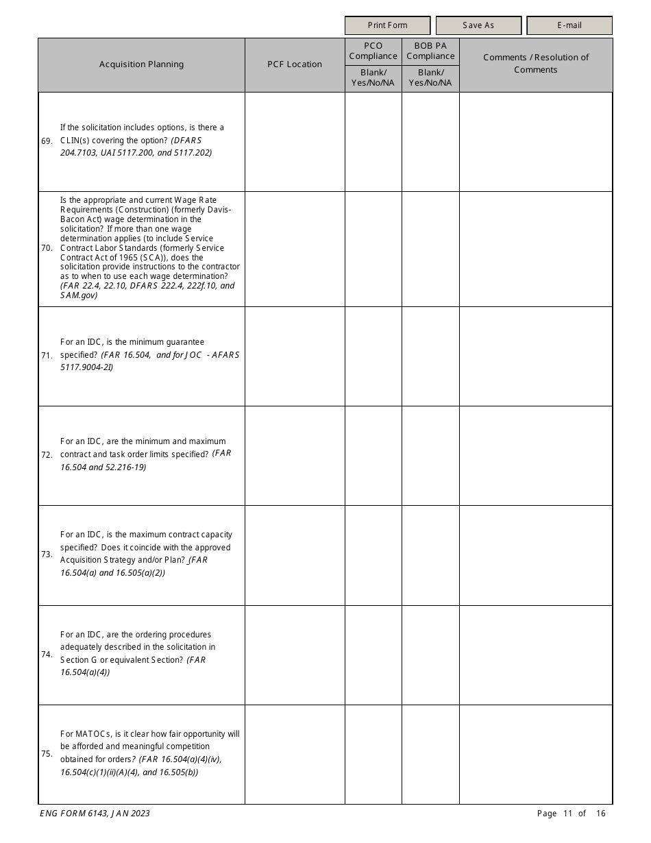ENG Form 6143 Construction Solicitation Compliance Checklist, Page 11