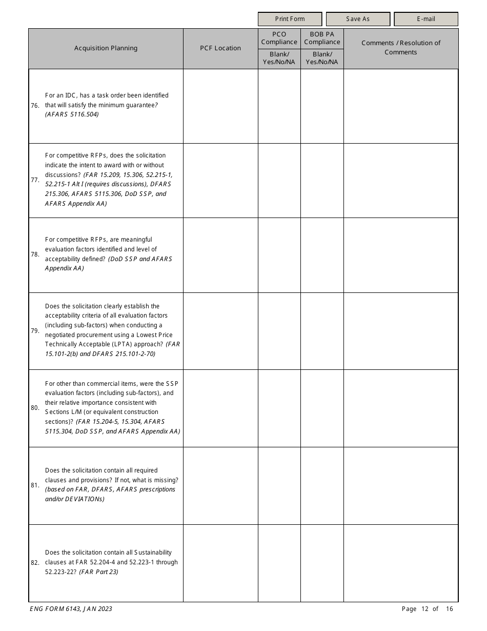 ENG Form 6143 Construction Solicitation Compliance Checklist, Page 12