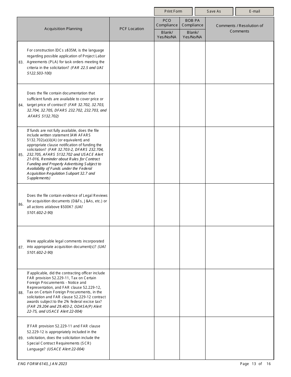 ENG Form 6143 Construction Solicitation Compliance Checklist, Page 13