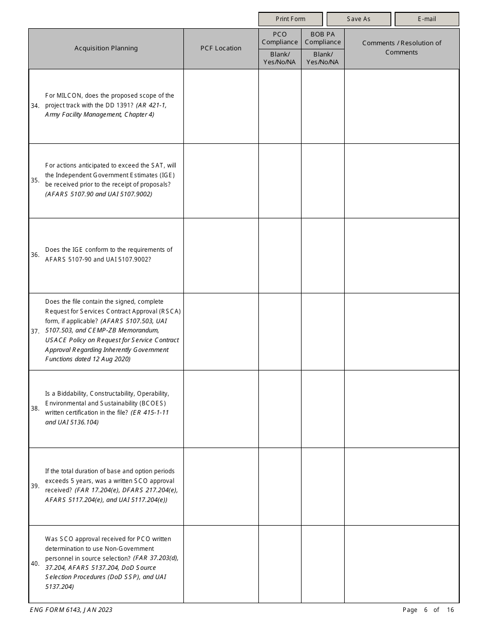 ENG Form 6143 Construction Solicitation Compliance Checklist, Page 6