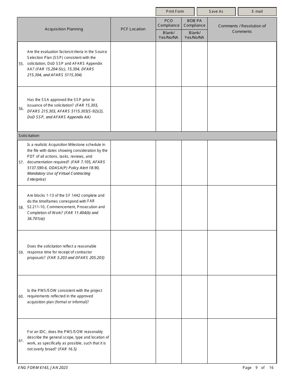 ENG Form 6143 Construction Solicitation Compliance Checklist, Page 9