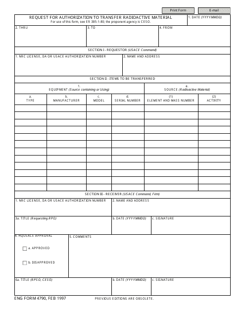 ENG Form 4790 Request for Authorization to Transfer Radioactive Material