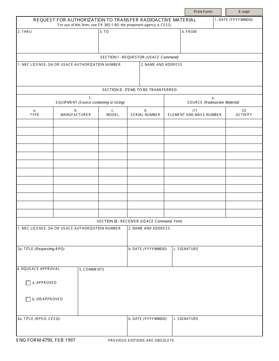 ENG Form 4790 Request for Authorization to Transfer Radioactive Material, Page 1