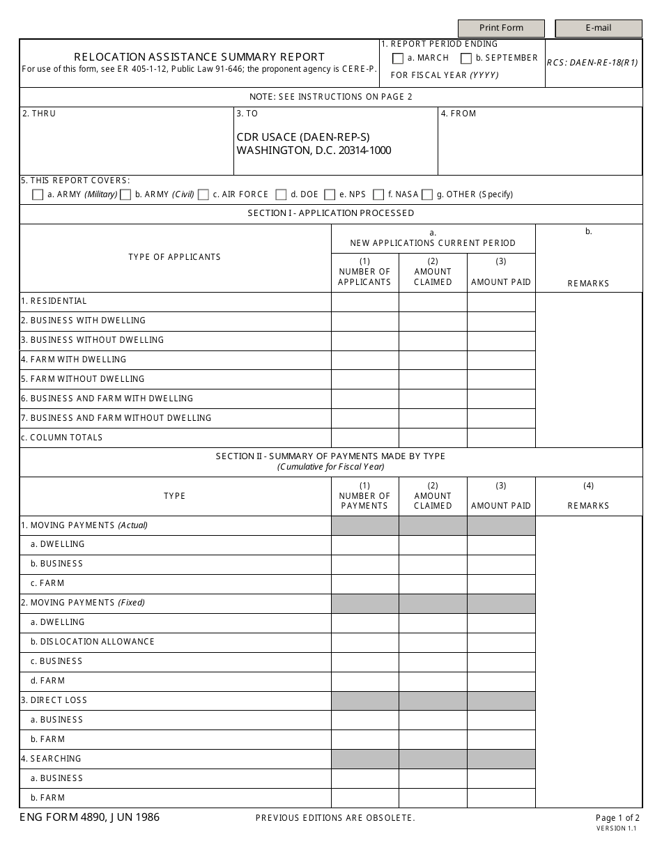 ENG Form 4890 Relocation Assistance Summary Report, Page 1
