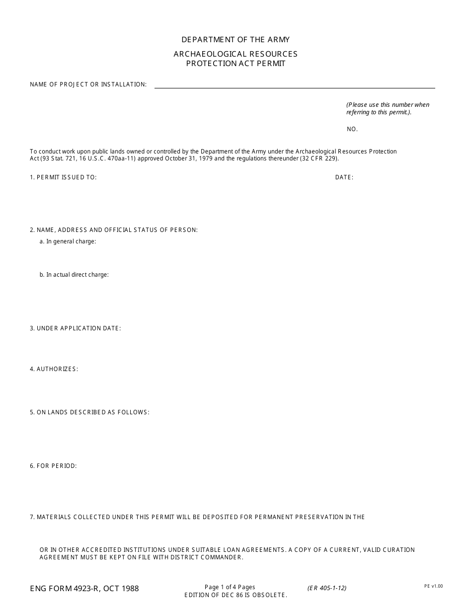 ENG Form 4923-R Archaeological Resources Protection Act Permit, Page 1