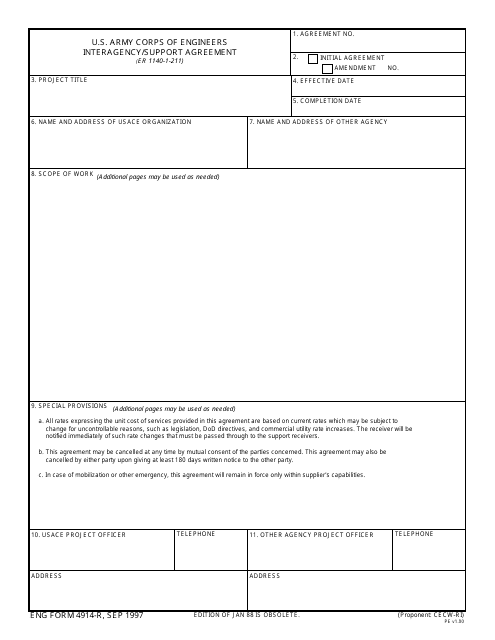 ENG Form 4914-R Interagency/Support Agreement