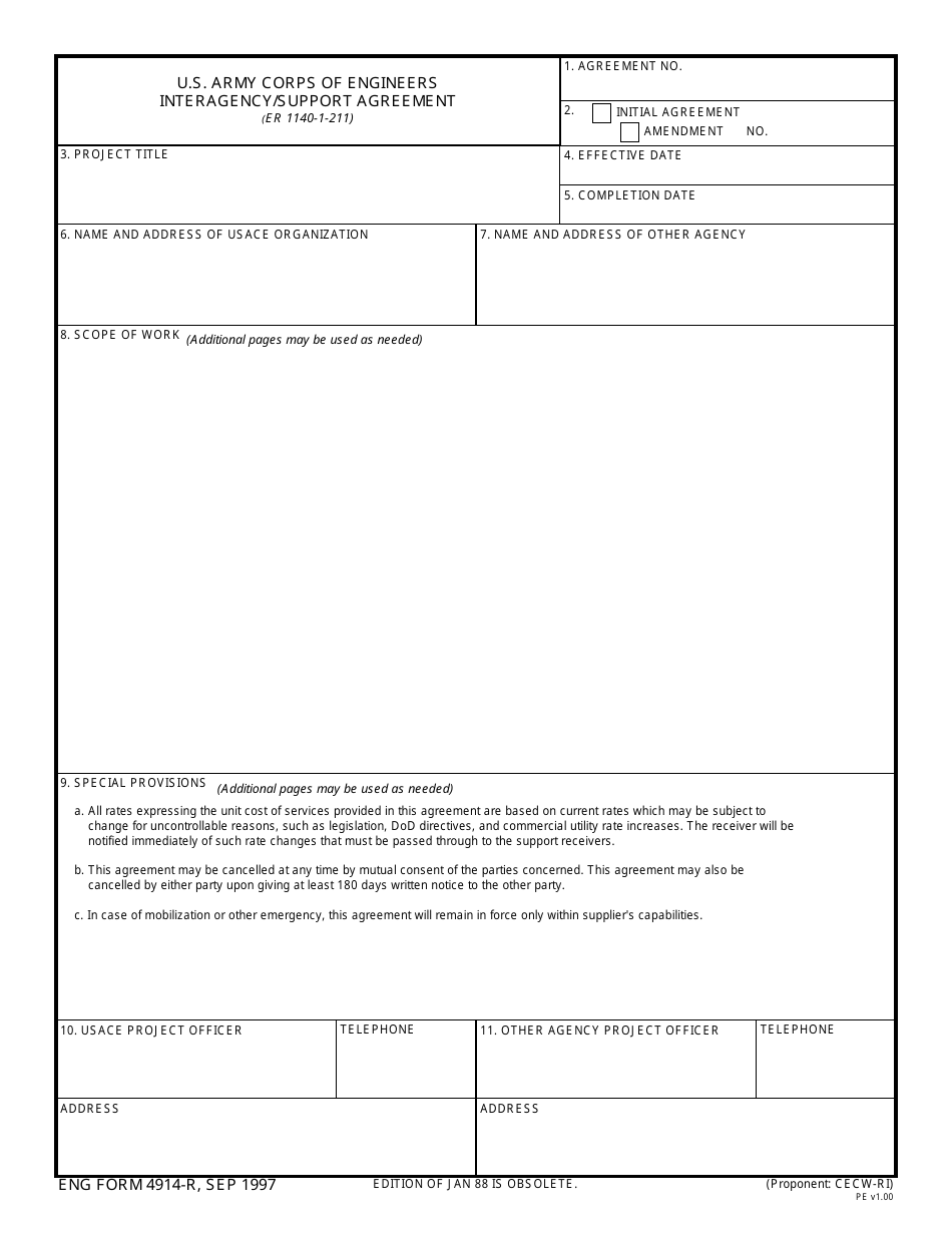 ENG Form 4914-R Interagency / Support Agreement, Page 1