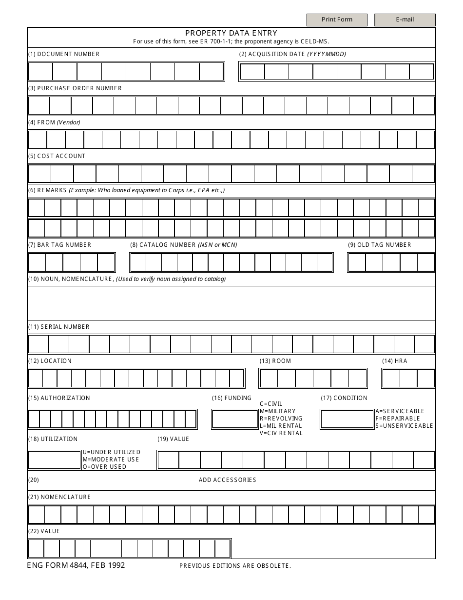 ENG Form 4844 Property Data Entry, Page 1