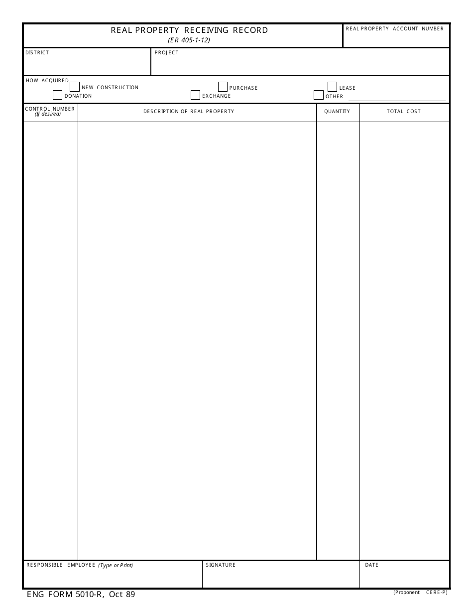 ENG Form 5010-R Real Property Receiving Record, Page 1