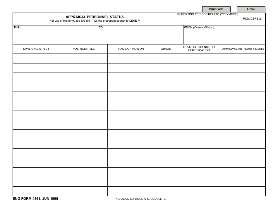 ENG Form 4861 Appraisal Personnel Status, Page 1