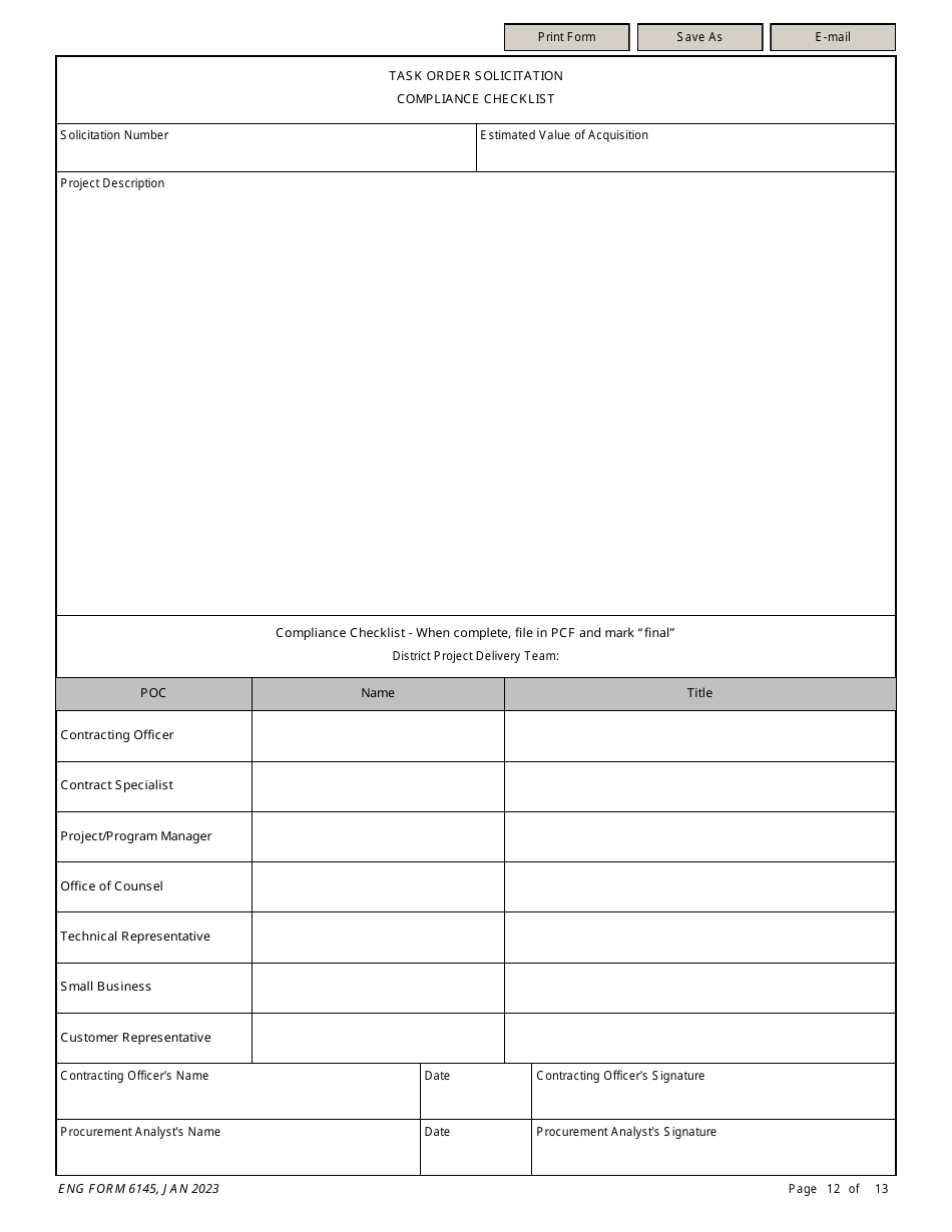 ENG Form 6145 Task Order Solicitation Compliance Checklist, Page 12