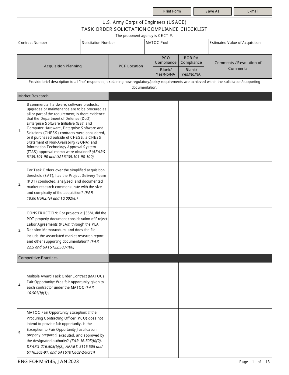 ENG Form 6145 Task Order Solicitation Compliance Checklist, Page 1