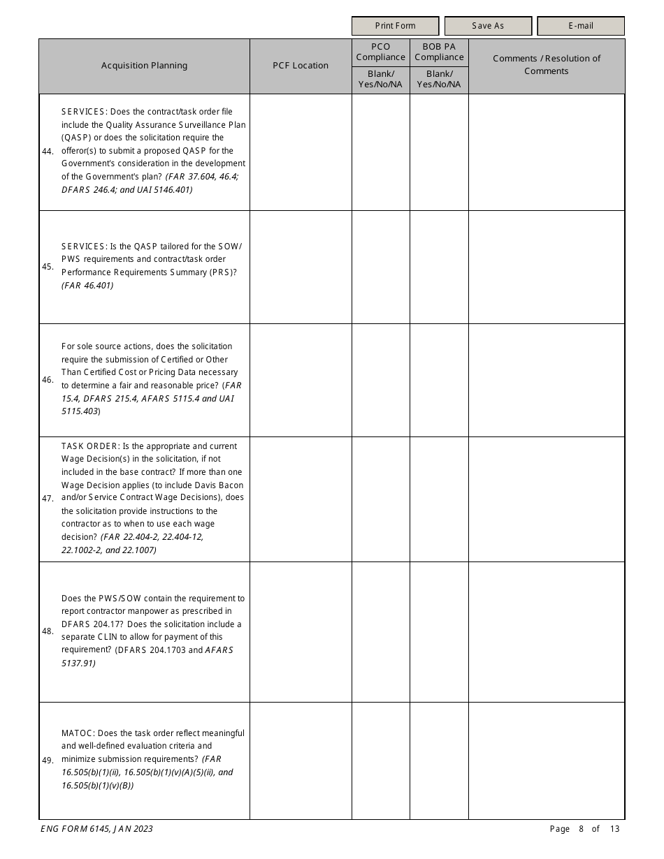 ENG Form 6145 Task Order Solicitation Compliance Checklist, Page 8