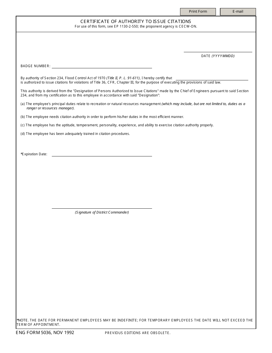 ENG Form 5036 Certificate of Authority to Issue Citations, Page 1