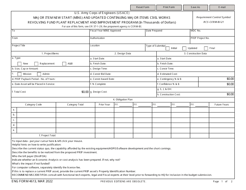 ENG Form 4613 Major Item New Start (Mins) and Updated Continuing Major Items Civil Works Revolving Fund Plant Replacment and Improvement Program (In Thousands of Dollars)