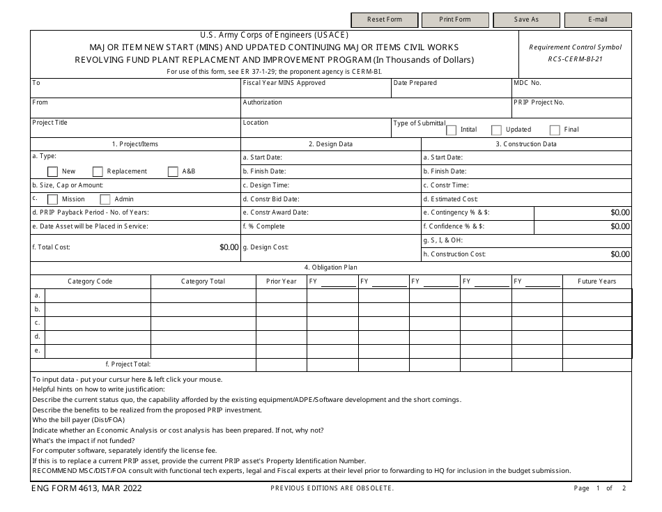 ENG Form 4613 Major Item New Start (Mins) and Updated Continuing Major Items Civil Works Revolving Fund Plant Replacment and Improvement Program (In Thousands of Dollars), Page 1