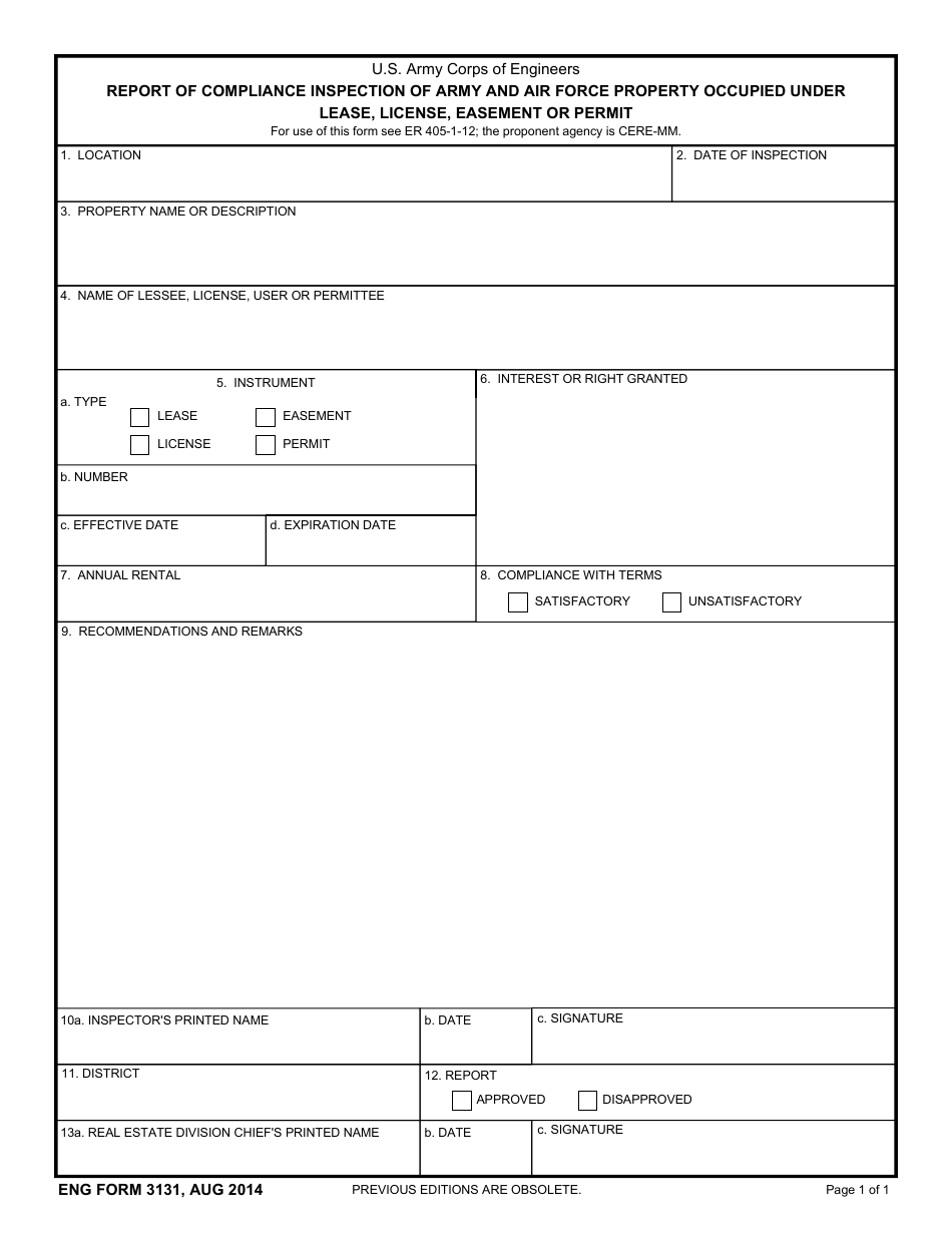 ENG Form 3131 Report of Compliance Inspection of Army and Air Force Property Occupied Under Lease, License, Easement or Permit, Page 1