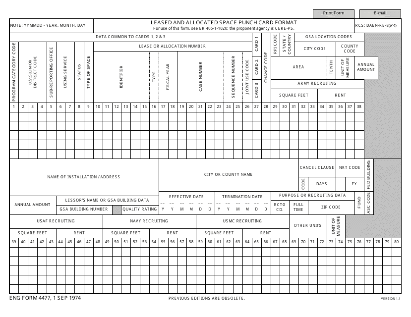 ENG Form 4477 Leased and Allocated Space Punch Card Format