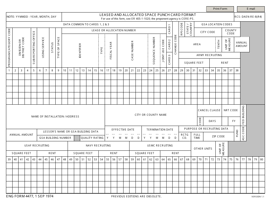 ENG Form 4477 Leased and Allocated Space Punch Card Format, Page 1