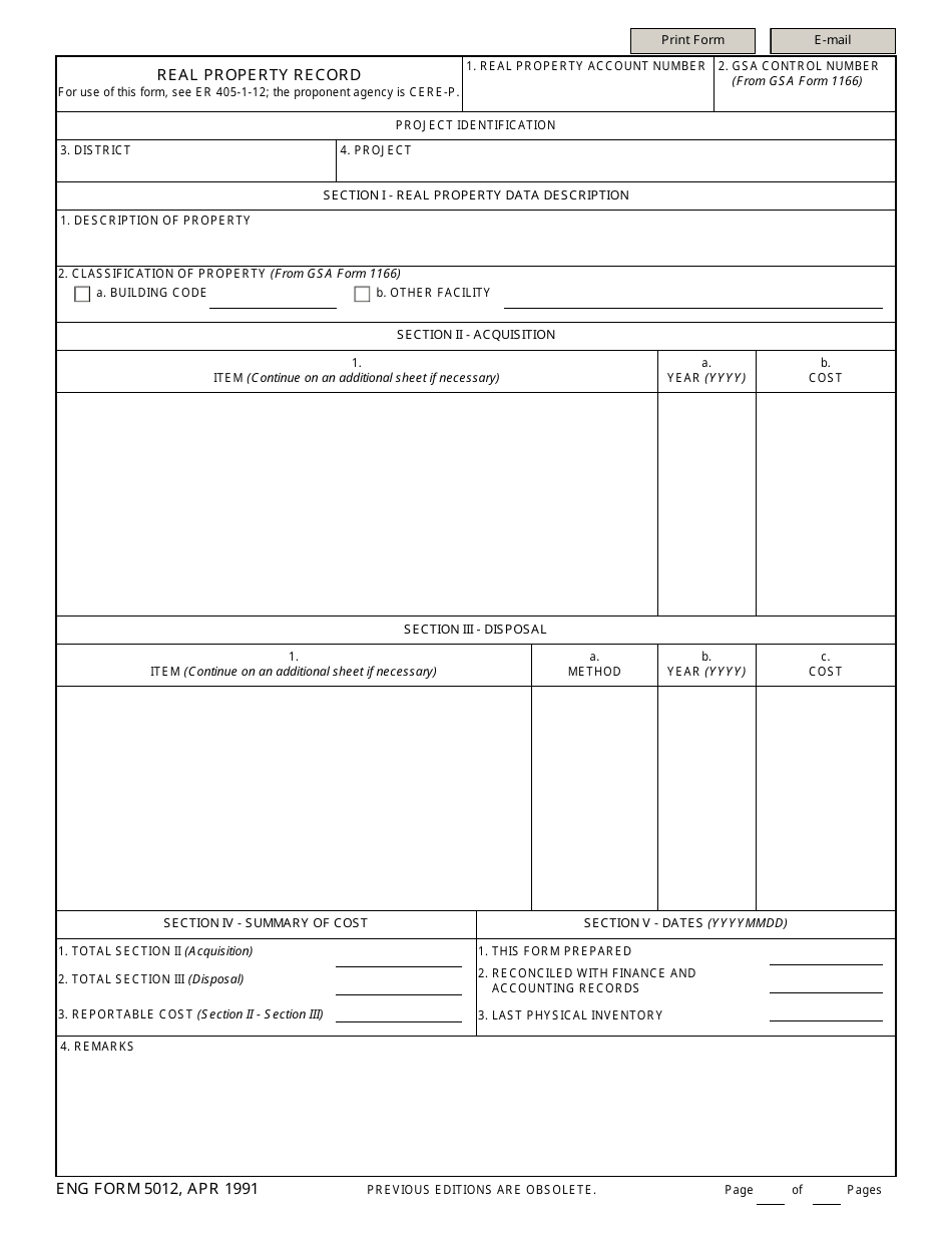 ENG Form 5012 Real Property Record, Page 1