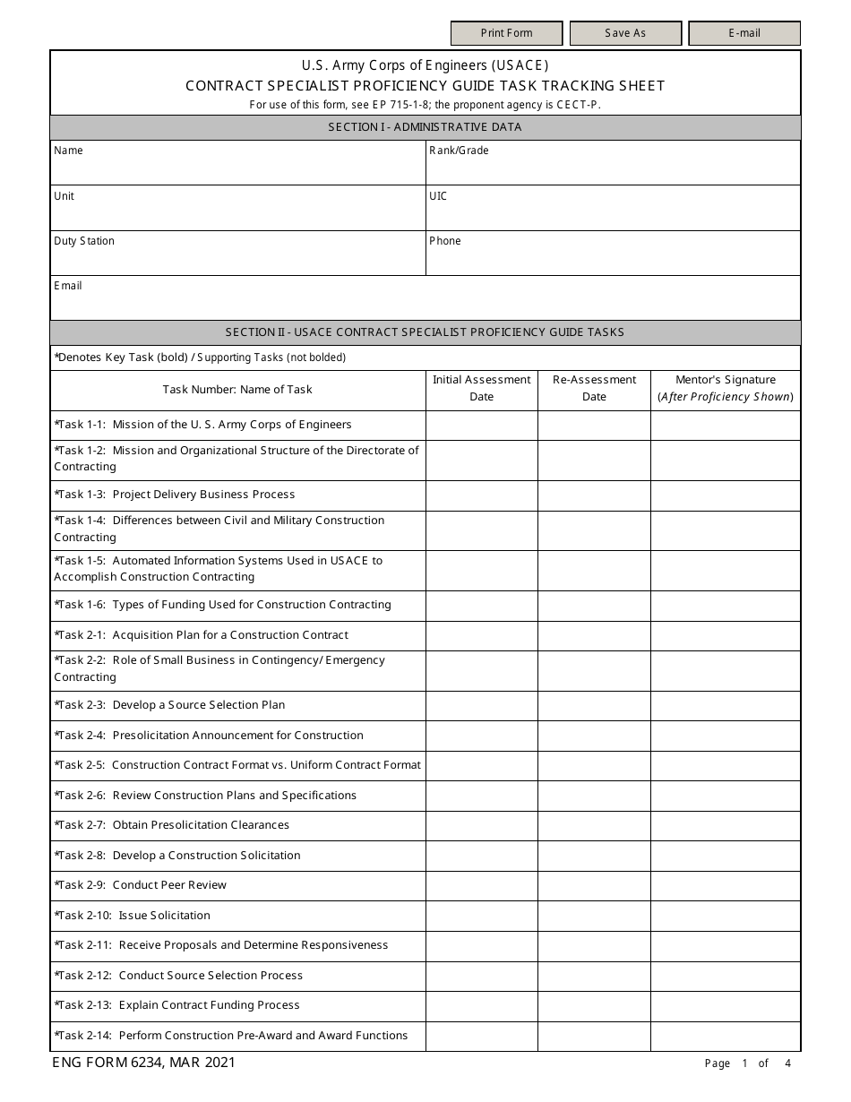 ENG Form 6234 Contract Specialist Proficiency Guide Task Tracking Sheet, Page 1