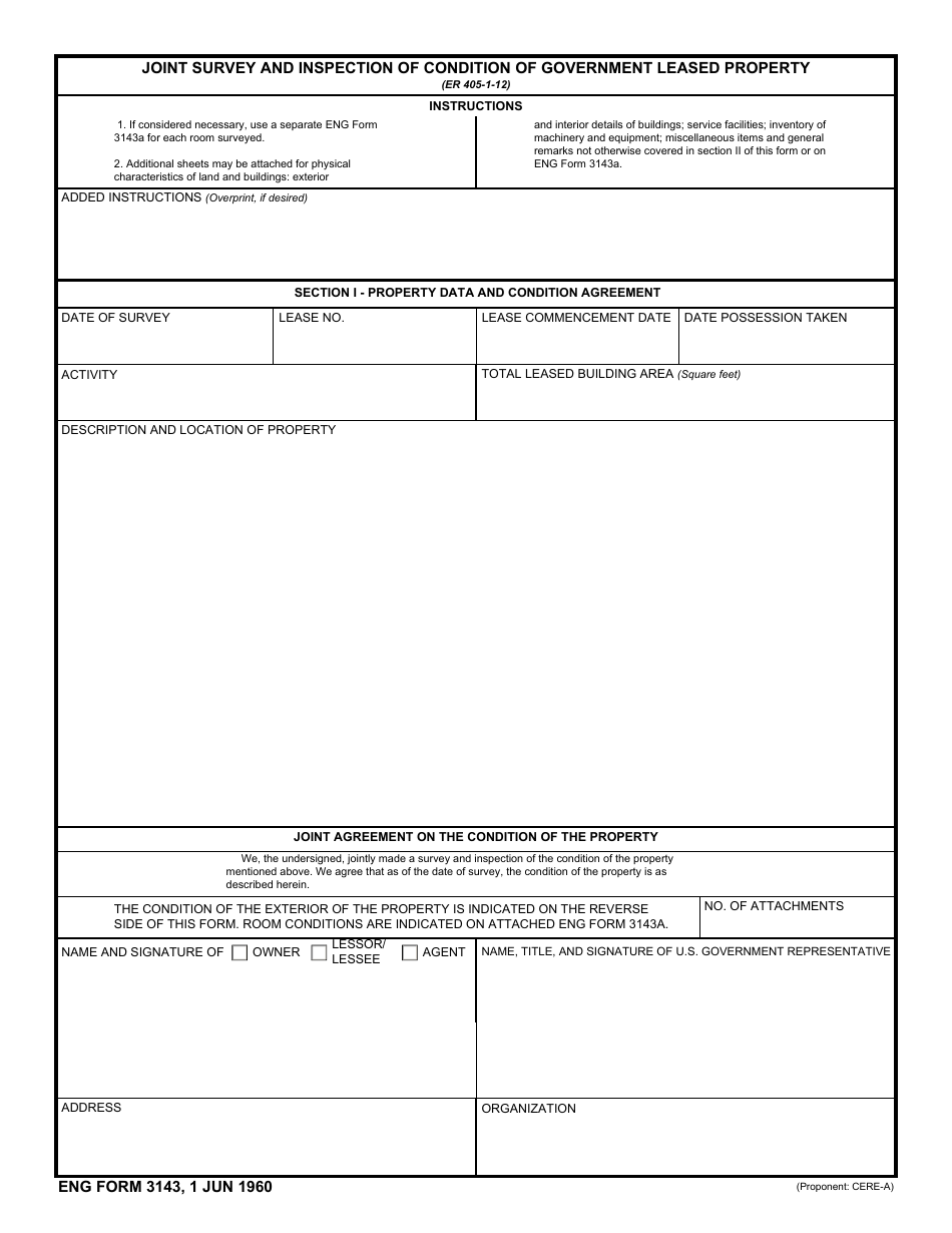 ENG Form 3143 Joint Survey and Inspection of Condition of Government Leased Property, Page 1