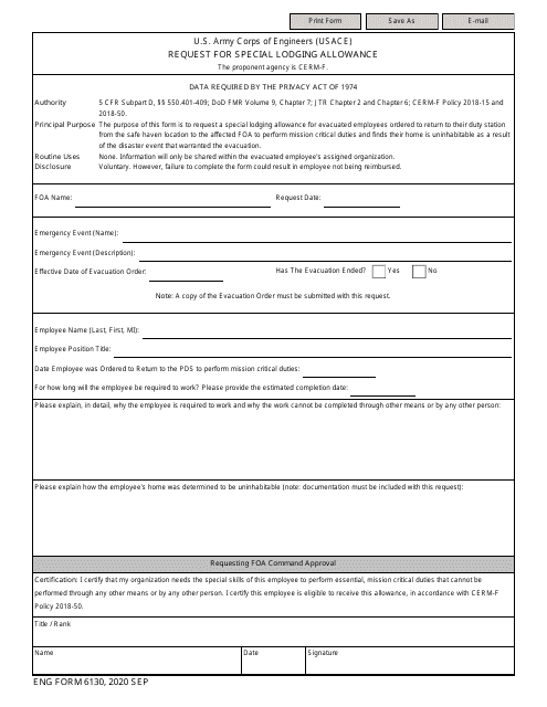 ENG Form 6130 Request for Special Lodging Allowance