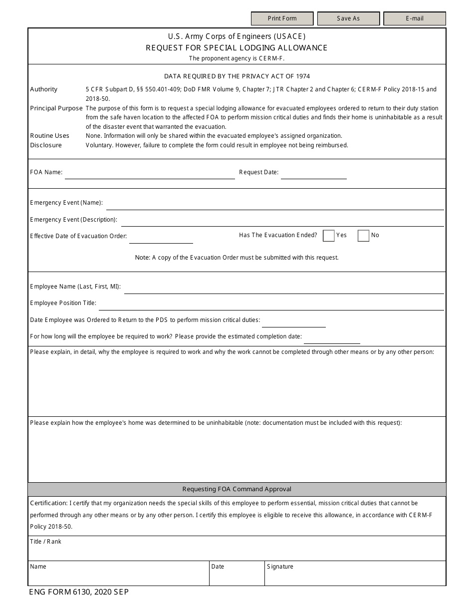 ENG Form 6130 Request for Special Lodging Allowance, Page 1