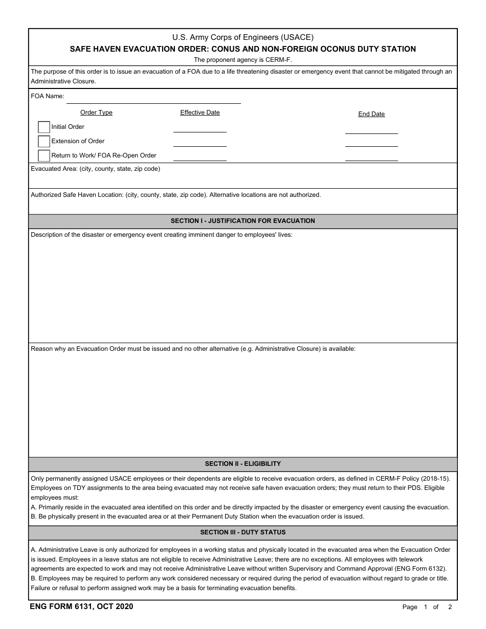 ENG Form 6131 Safe Haven Evacuation Order: Conus and Non-foreign OCONUS Duty Station, Page 1